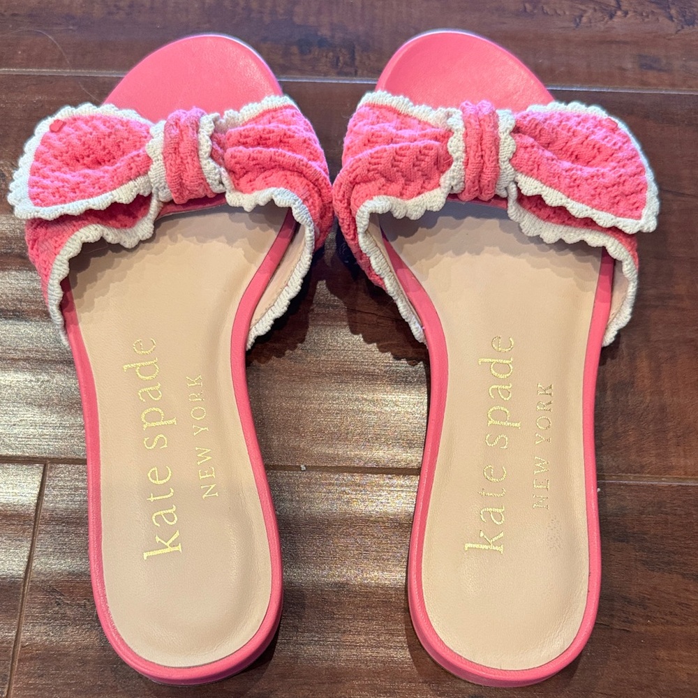 Kate Spade Tango Pink Crochet Bow Sandals Slides, Size 6.5
